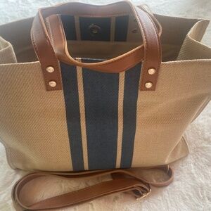 NWOT Canvas Tote With Black or Blue Stripe Faux Leather Handle